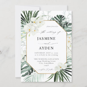 Invitación floral de palma y blanco tropical