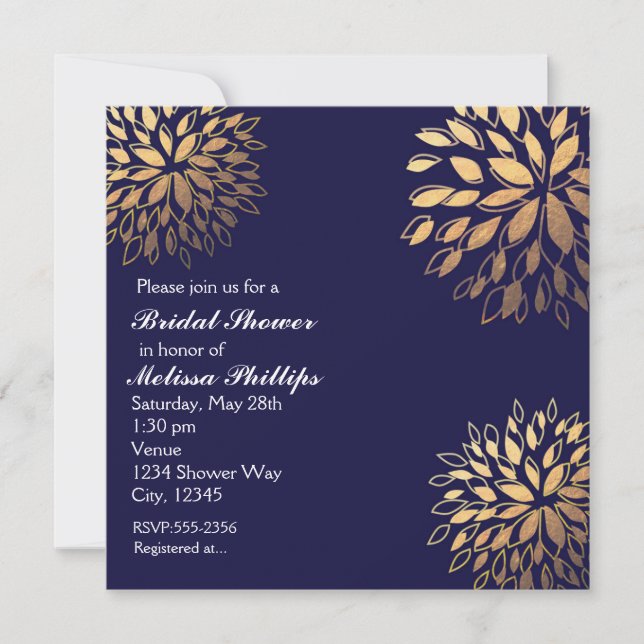 Invitación floral de papel de aluminio azul marino (Anverso)