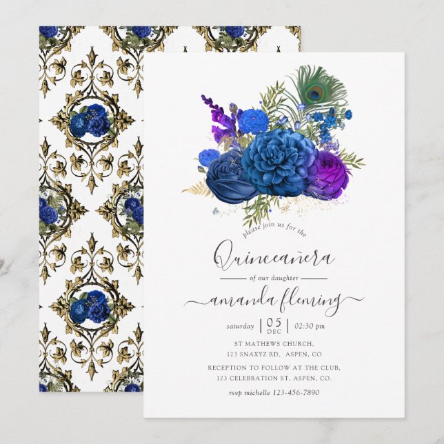 Invitación Floral de pavo real azul y dorado Quinceañera (Anverso / Reverso)