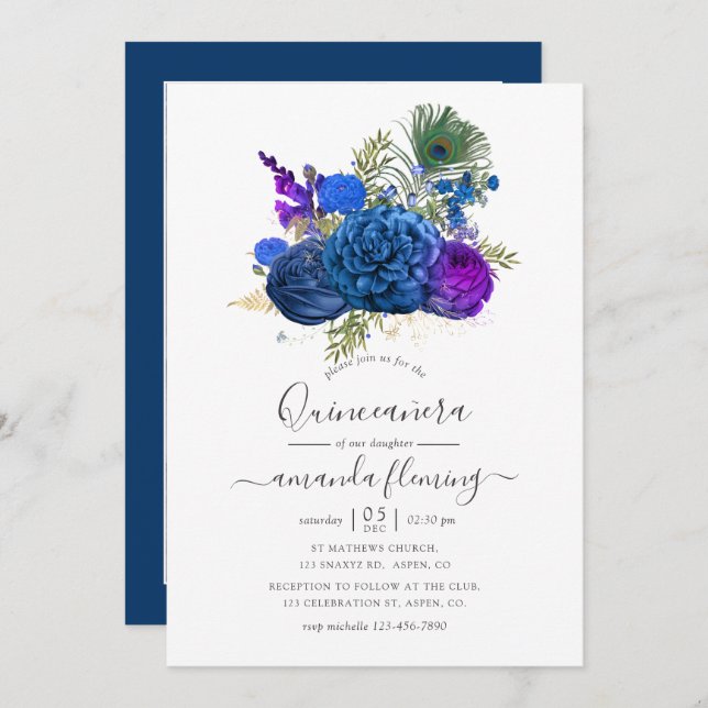 Invitación Floral de pavo real de la marina y púrpura Quincea (Anverso / Reverso)