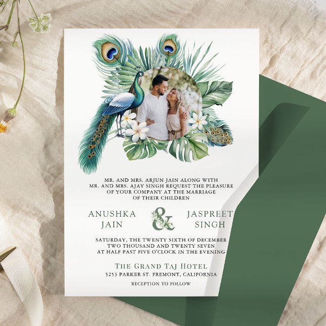 Invitación Floral de pavo real tropical india en un solo Boda (Subido por el creador)