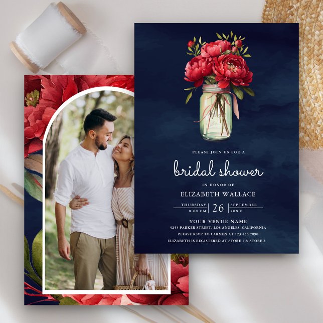 Invitación Floral de Peonía Roja Mason Jar Navy ducha de novi (Subido por el creador)