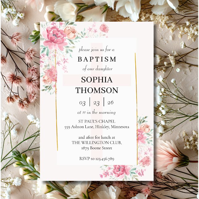 Invitación floral de peonías de bautizo (Subido por el creador)