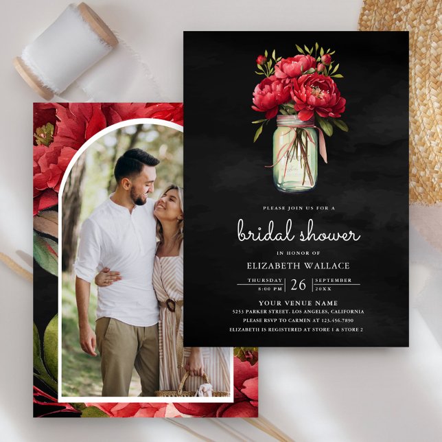 Invitación Floral de Peony Rojo Mason Jar Black Bridal Shower (Subido por el creador)