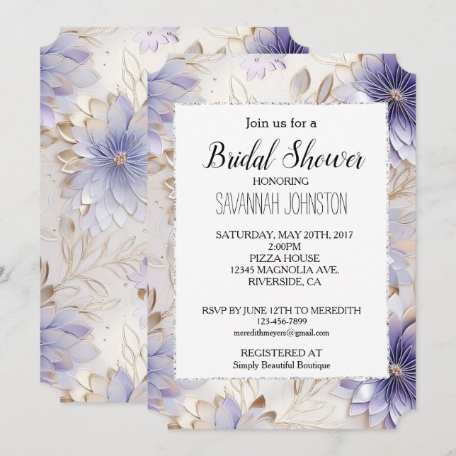 Invitación Floral de perla de oro morado de bonito (Anverso / Reverso)