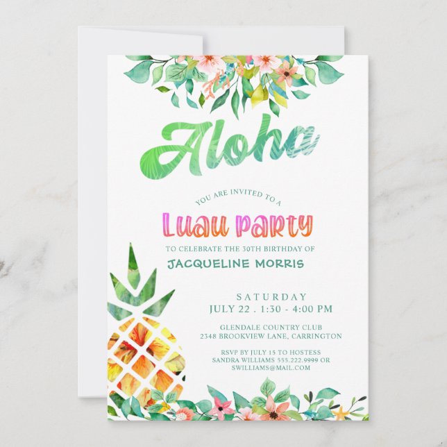 Invitación Floral de piña tropical Luau 30 cumpleaños (Anverso)