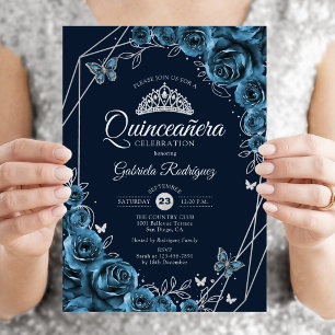 Invitación Floral de plata azul de la Marina Quinceanera