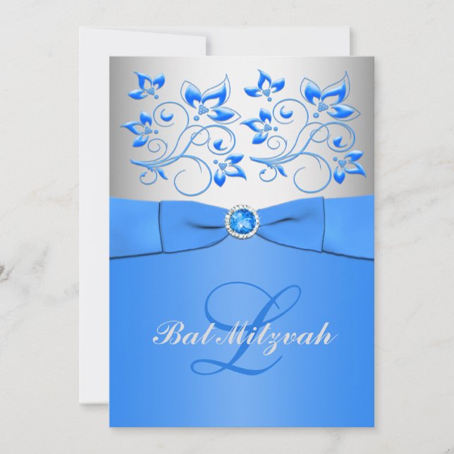 Invitación floral de plata azul de Mitzvah del (Anverso)