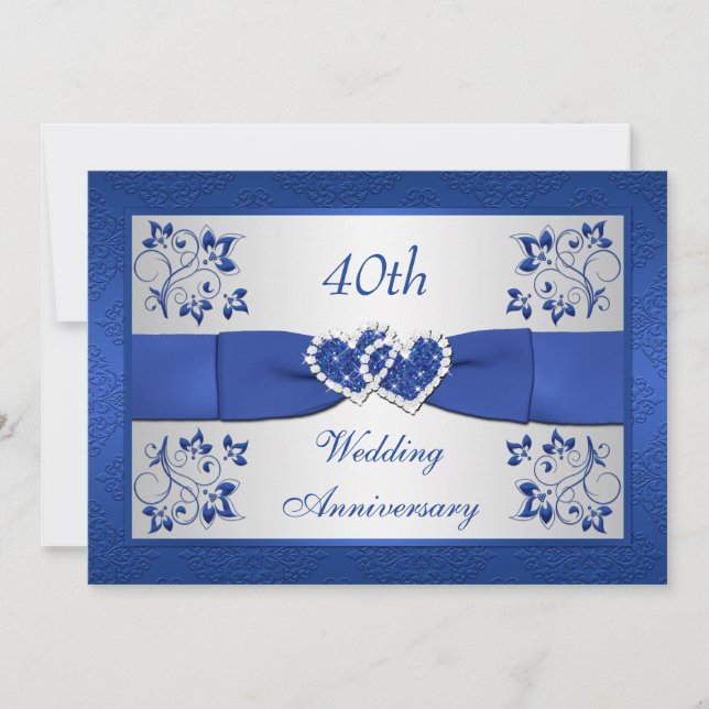 Invitación Floral de plata azul RIBBON IMPRESO 40 Aniversario (Anverso)