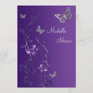 Invitación Floral de plata morada con moscas al bat Mitzvah