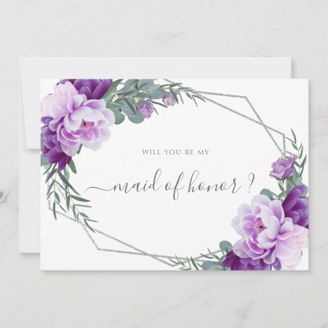 Invitación Floral de plata morada serás mi doncella de honor (Anverso)