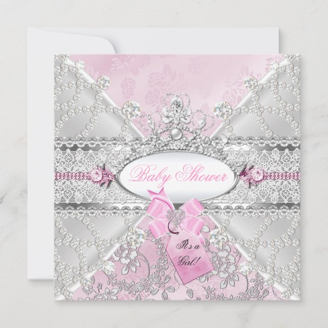 Invitación Floral de plata rosa dobla diamantes Baby Shower (Anverso)