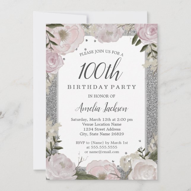 Invitación Floral de plata rosa espumosa 100 cumpleaños (Anverso)