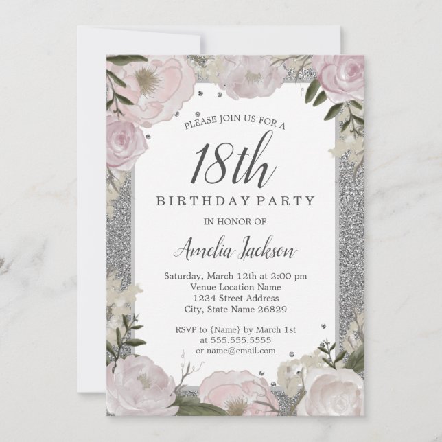 Invitación Floral de plata rosa espumosa 18 cumpleaños (Anverso)