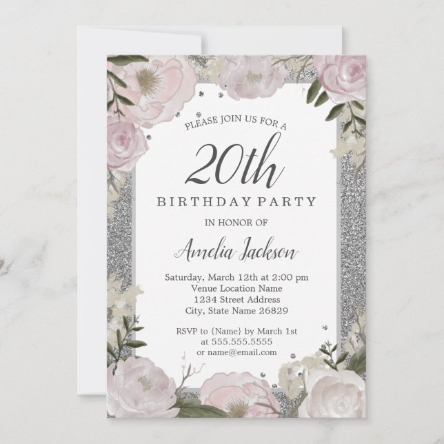 Invitación Floral de plata rosa espumosa 20 cumpleaños (Anverso)