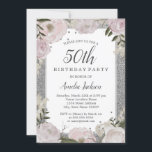 Invitación Floral de plata rosa espumosa 50 cumpleaños<br><div class="desc">Más invitaciones florales de cumpleaños en la Pequeña Tienda Bayleigh! Hemos utilizado obras de arte de: www.createthecut.com</div>