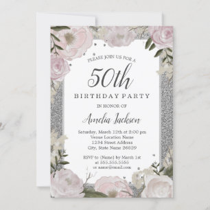 Invitación Floral de plata rosa espumosa 50 cumpleaños