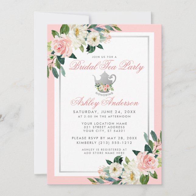 Invitación floral de plata rosa Fiesta de té con d (Anverso)
