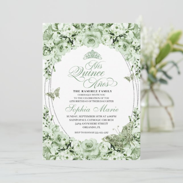 Invitación Floral de plata verde salada Tiara Quinceanera (Anverso de pie)