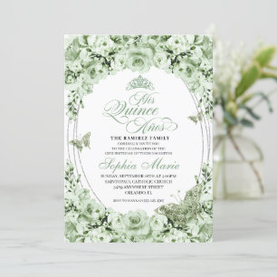 Invitación Floral de plata verde salada Tiara Quinceanera