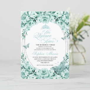 Invitación Floral de plata verde suave Tiara Quinceanera