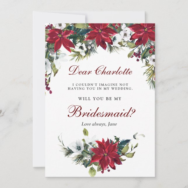 Invitación Floral De Poinsettia Roja Serás Mi Novia (Anverso)