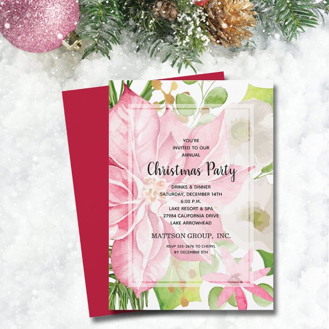 Invitación Floral de Poinsettia Rosa navidad (Christmas Holiday Pink Poinsettia Floral Invitations)