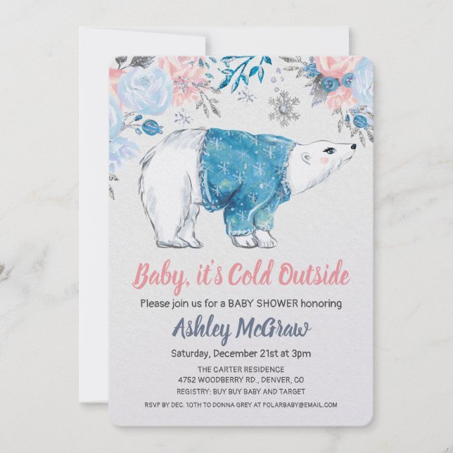 Invitación floral de Polar Bear Baby Shower (Anverso)