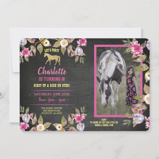 Invitación floral de pony de tiza rosa para fiesta (Anverso)