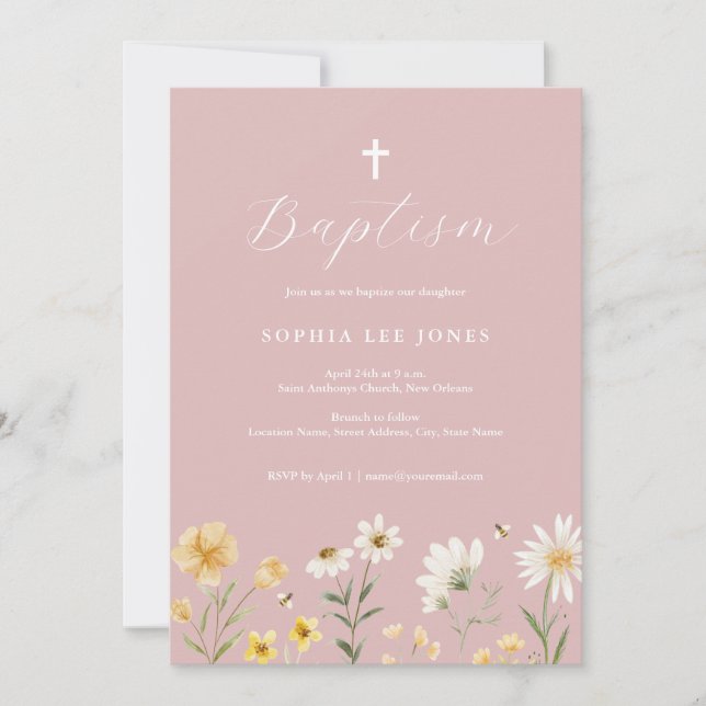 Invitación floral de primavera amarilla rosa para  (Anverso)