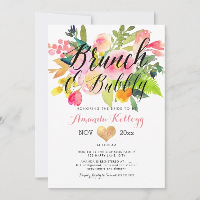 Invitación Floral de primavera de bronce y burbujas de pixDez (Anverso)