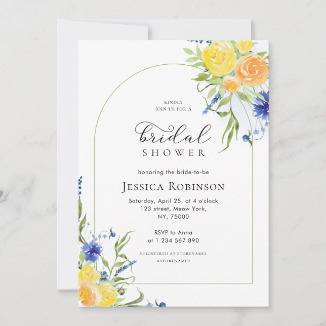 Invitación Floral de primavera fresca en ducha de novia azul  (Anverso)