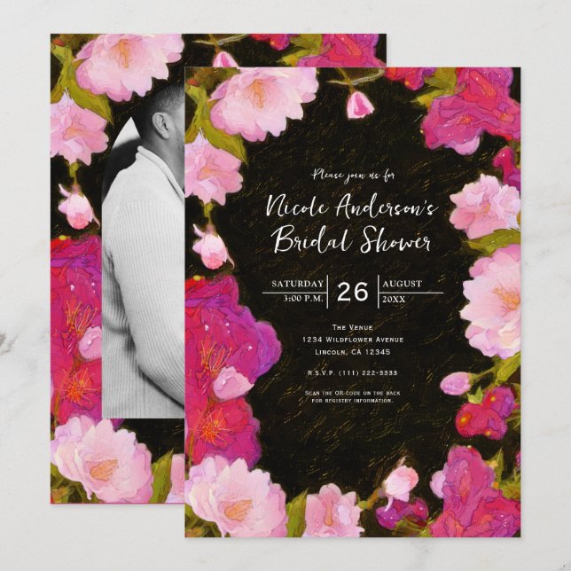 Invitación floral de primavera rosa elegante y chi (Anverso / Reverso)