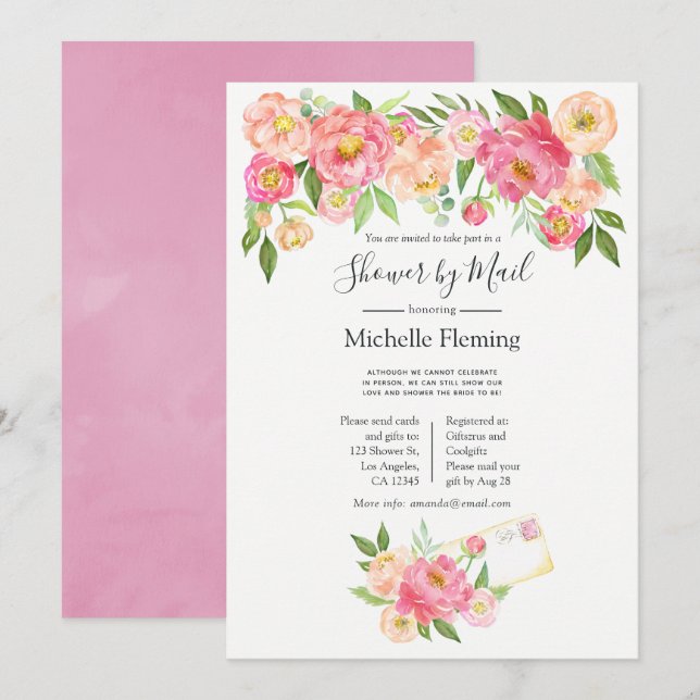Invitación floral de primavera rosa para boda o ba (Anverso / Reverso)