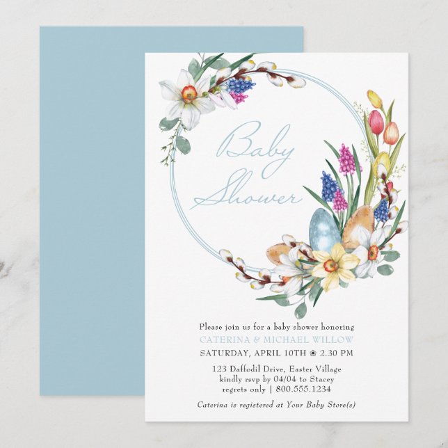 Invitación Floral de primavera y Baby Shower temática de Pasc (Anverso / Reverso)