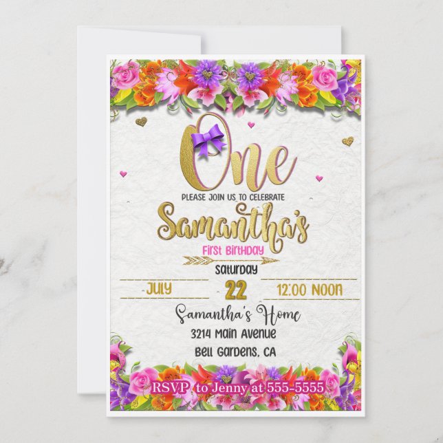 Invitación floral de primer cumpleaños (Anverso)