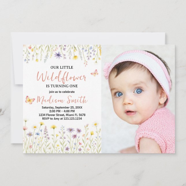 Invitación floral de primer cumpleaños con foto (Anverso)