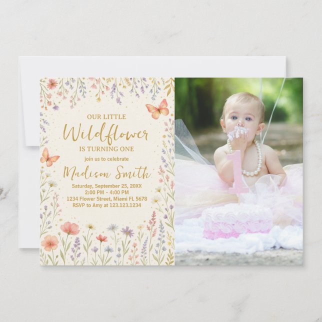 Invitación floral de primer cumpleaños con foto (Anverso)