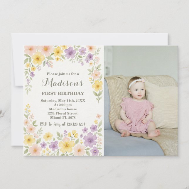 Invitación floral de primer cumpleaños con foto (Anverso)