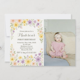 Invitación floral de primer cumpleaños con foto