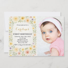 Invitación floral de primer cumpleaños con foto
