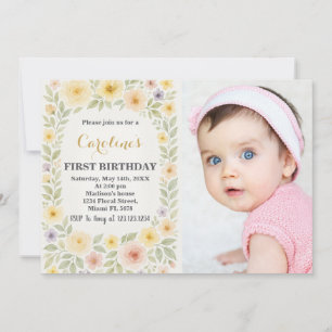 Invitación floral de primer cumpleaños con foto