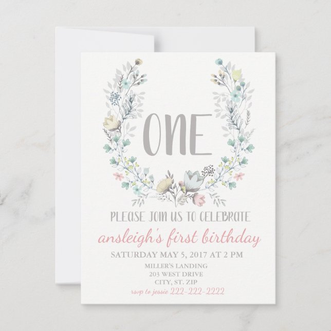 Invitación floral de primer cumpleaños "ONE" (Anverso)