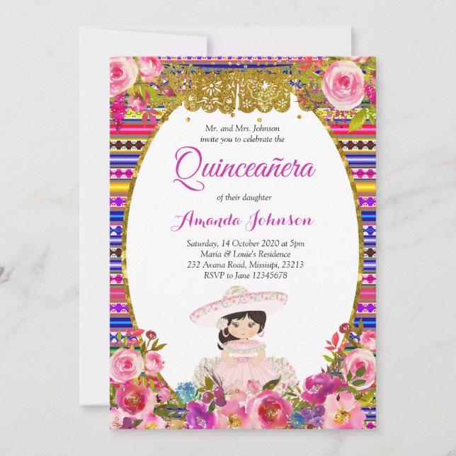 Invitación floral de quinceañera en español (Anverso)