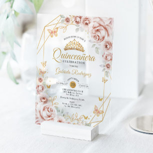 Invitación floral de quinceañera rosa dorado