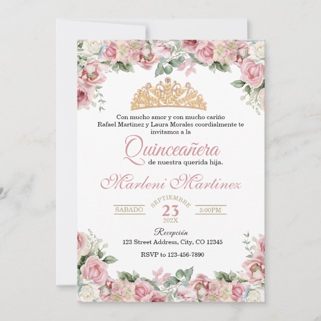 Invitación Floral de Quinceañera rosa Rosa (Anverso)