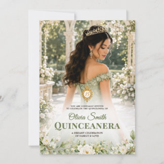 Invitación floral de Quinceañera verde salvia para