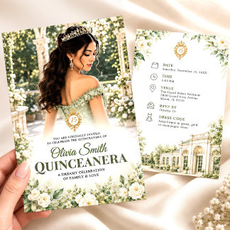 Invitación floral de Quinceañera verde salvia para