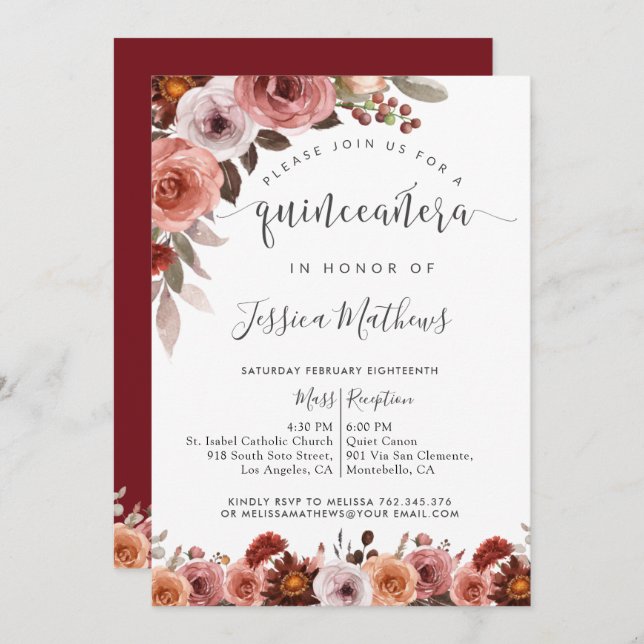 Invitación floral de Quinceñera Borgoña y Rubor (Anverso / Reverso)