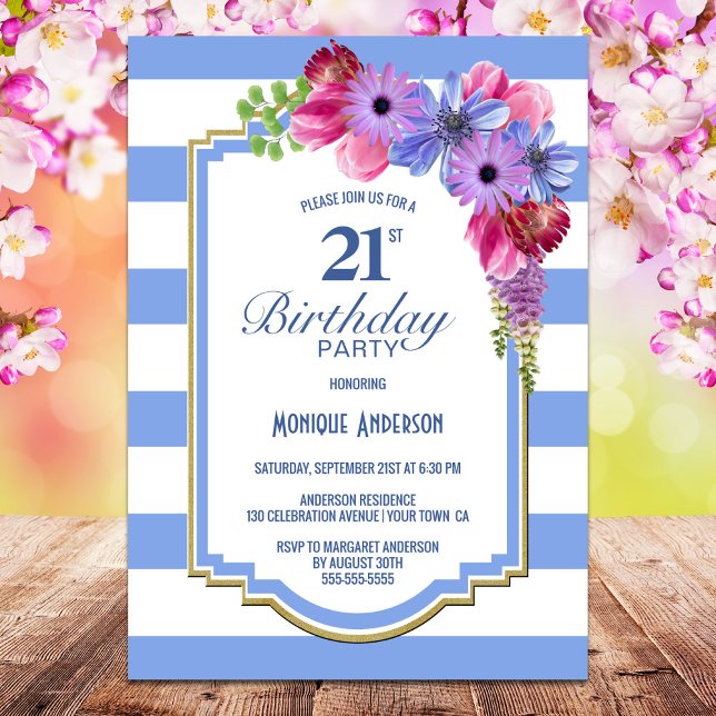 Invitación Floral de rayas azules 21ª Fiesta de cumpleaños (Subido por el creador)